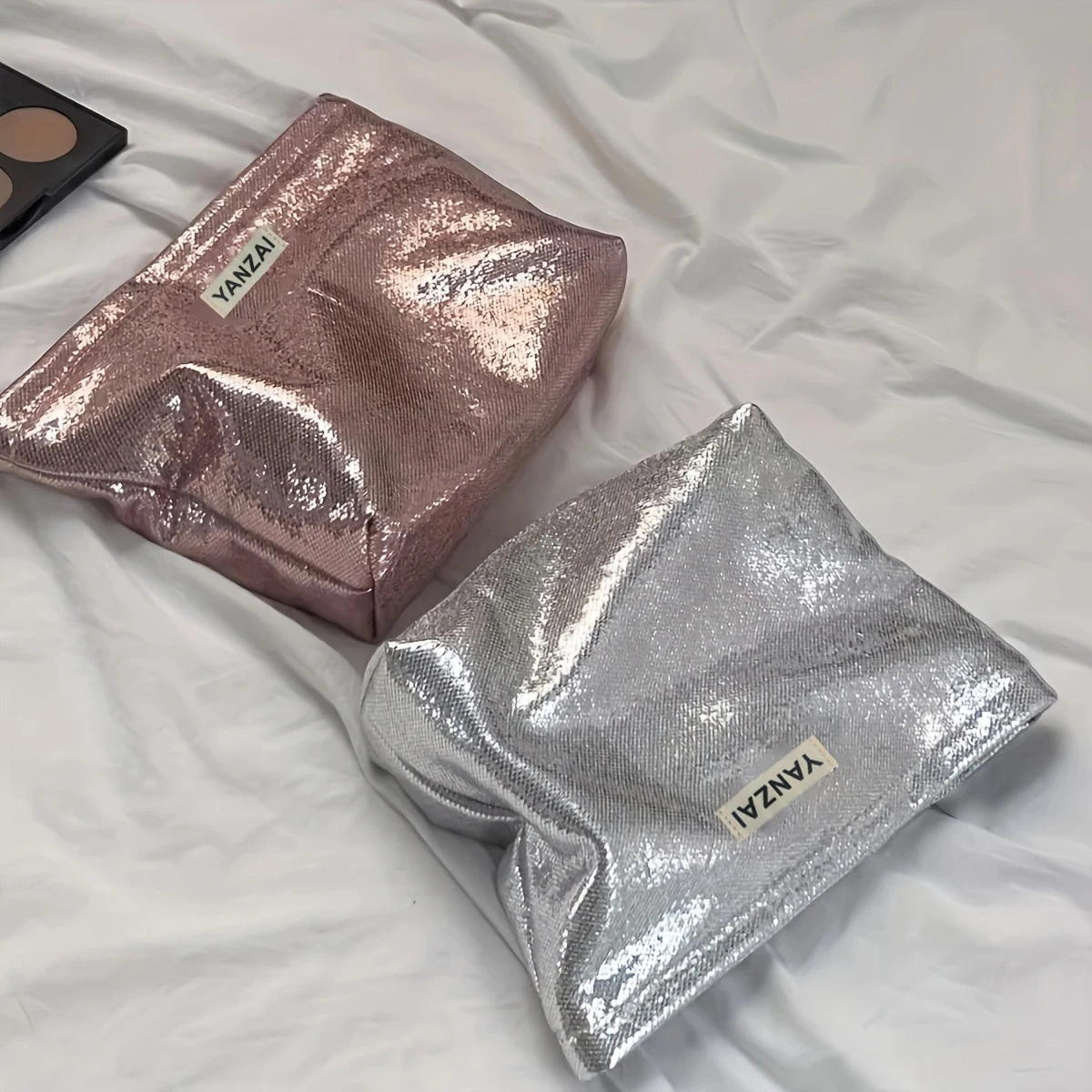 YANZAI borsa per il trucco con paillettes lucide nuova borsa per cosmetici in argento Champagne articoli da toeletta in tinta unita borsa per la