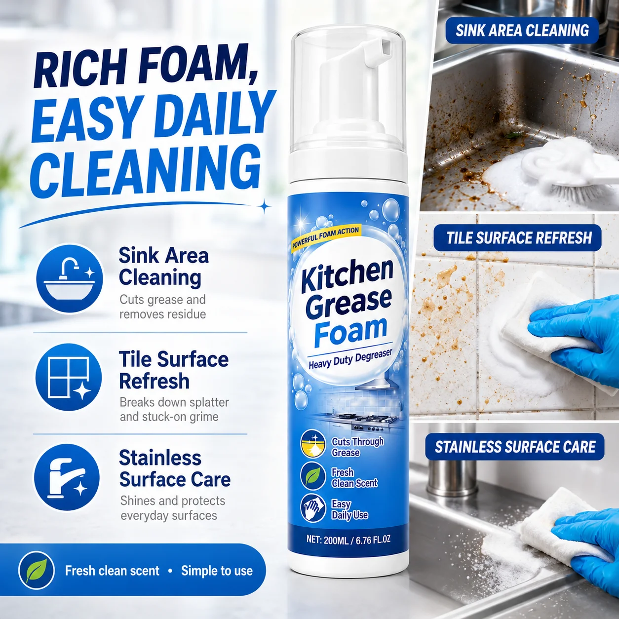 Stainless Steel Surface Cleaner Foam, Kitchen Degreaser & Grease Remover for Sink, Faucet, Stove, Range Hood, Appliances, Countertops, Home Cooks & Apartment Renters, 100ml