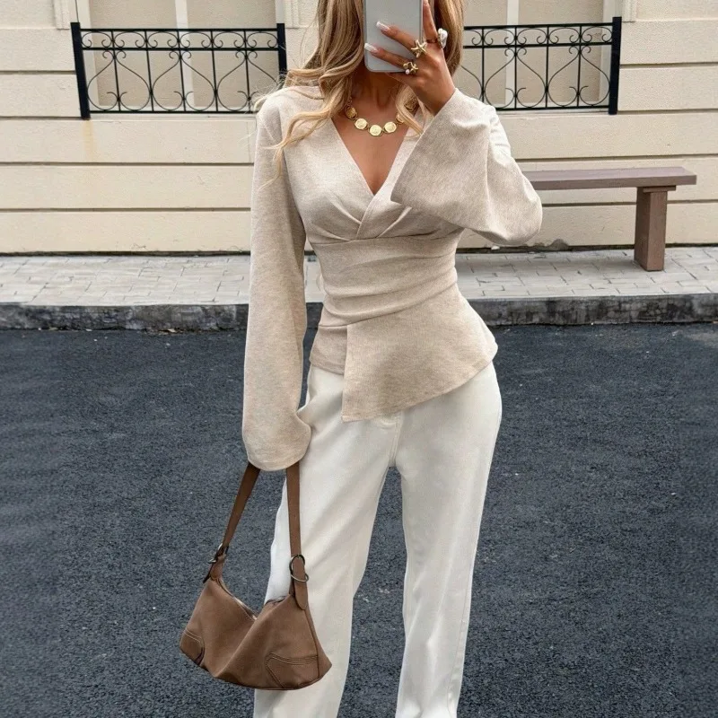 Women Autumn Deep V Wrap Flare Long Sleeve Slim Elegant Y2K Blouse S-XXL