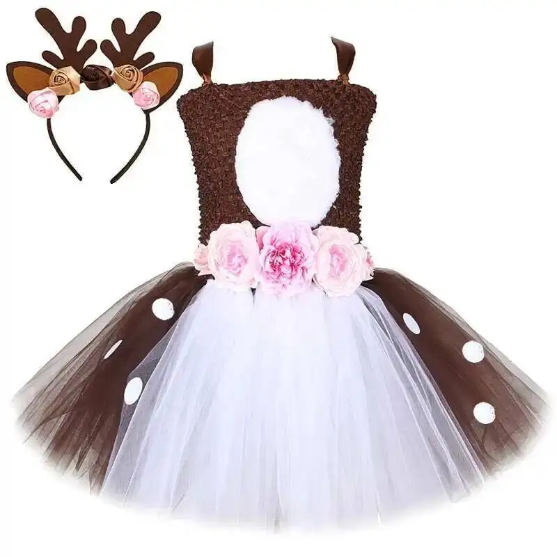 Cute Girls 2Pcs Outfit, Flower & Reindeer Printed Fluffy Dress with Brown & White Spots,Matching Headband, Christmas Fancy Dress