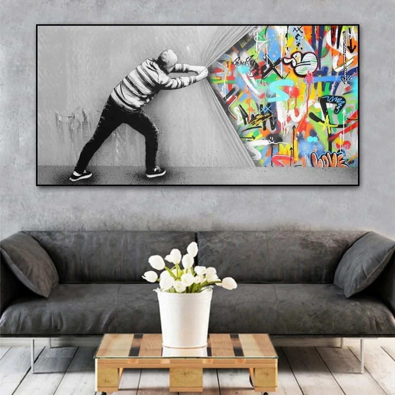 100% hand-painted  Home Living Room Decor  Street  Graffiti Art Canvas Behind Curtain  abstract hand oil art painting canvas