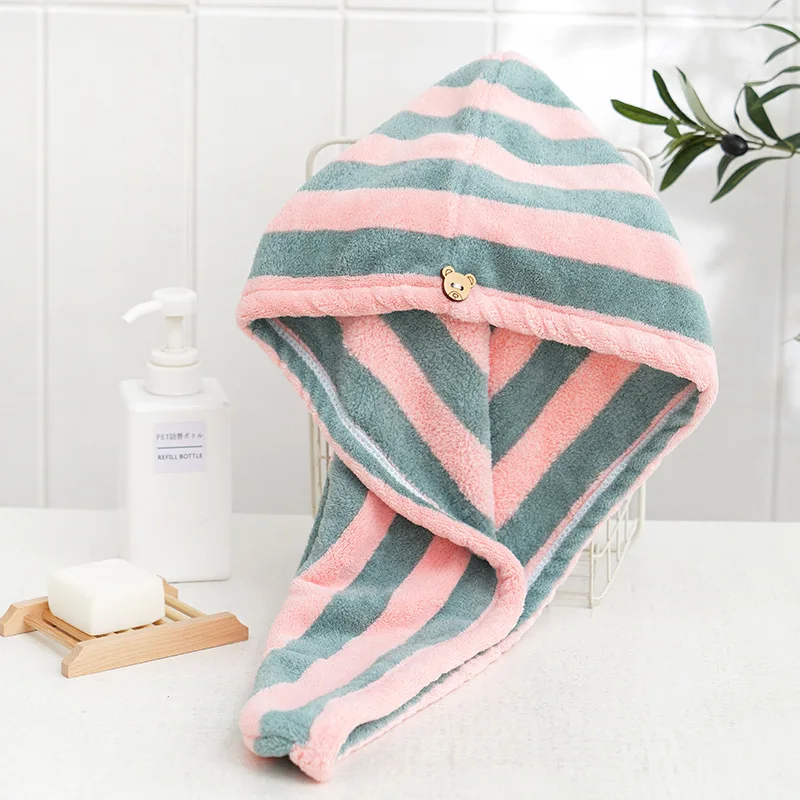 Dry Hair Towel Microfiber Coral Velvet Striped Pattern Hair Cap for Women Turban Water-Absorbent Quick-Drying Striped Shower Cap