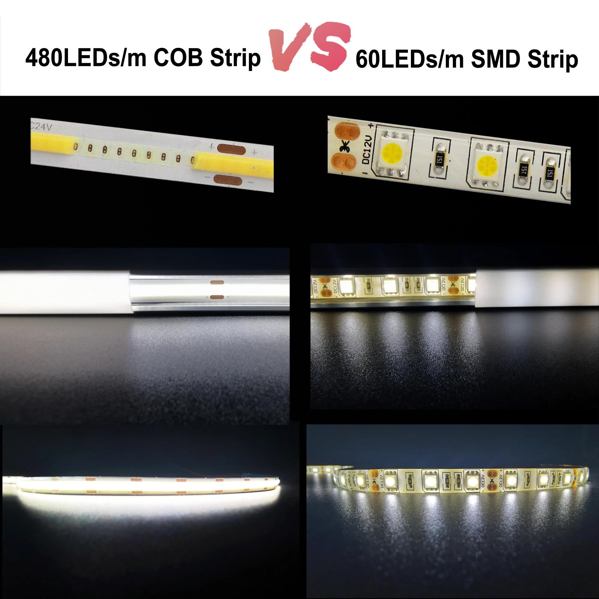 FCOB LED Strip Light 480 LEDs ความหนาแน่นสูงยืดหยุ่น FOB COB Led Light เทป RA90ธรรมชาติที่อบอุ่นสีขาว Linear 5มม./8มม.12V 24V