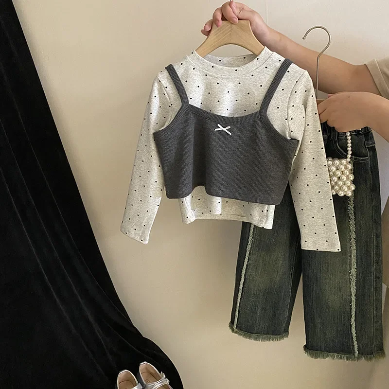 

Baby Girl Clothes Suit Girls 2024 Fall Polka Dot Base with Bow Short Halter Fold Fashion Raw Edge Jeans Fashion 3-piece Set