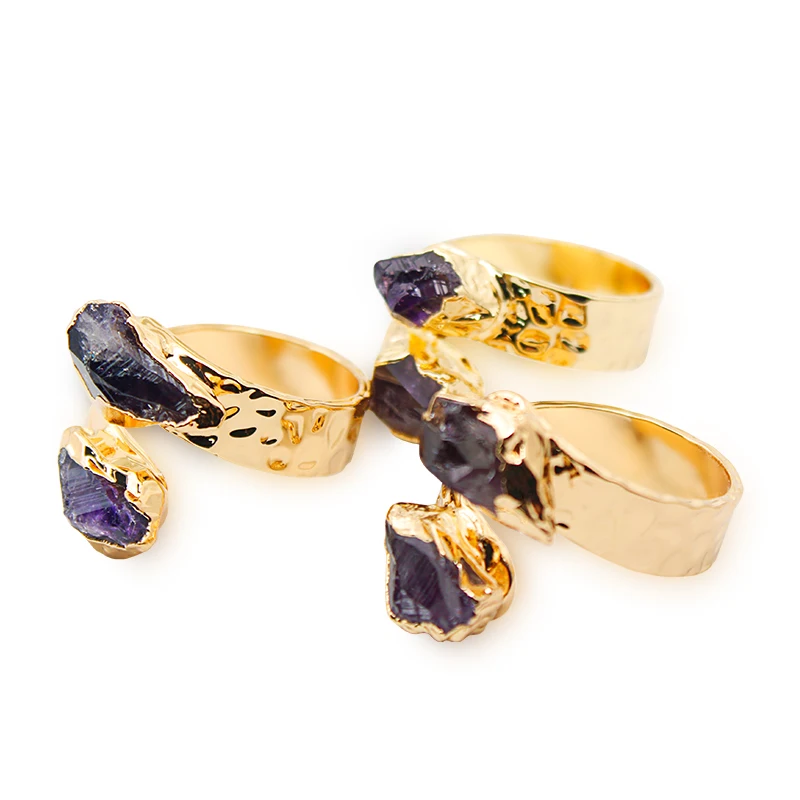 Irregular Natural Raw Amethyst Open Ring for Women Girls Gold-color Boho Purple Reiki Crystal Finger Jewelry Resizable
