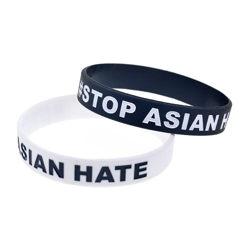 50 Pcs Stop Asian Hate Silicone Wristband 1/2 Inch Wide Sport Gift Bracelet Black and White