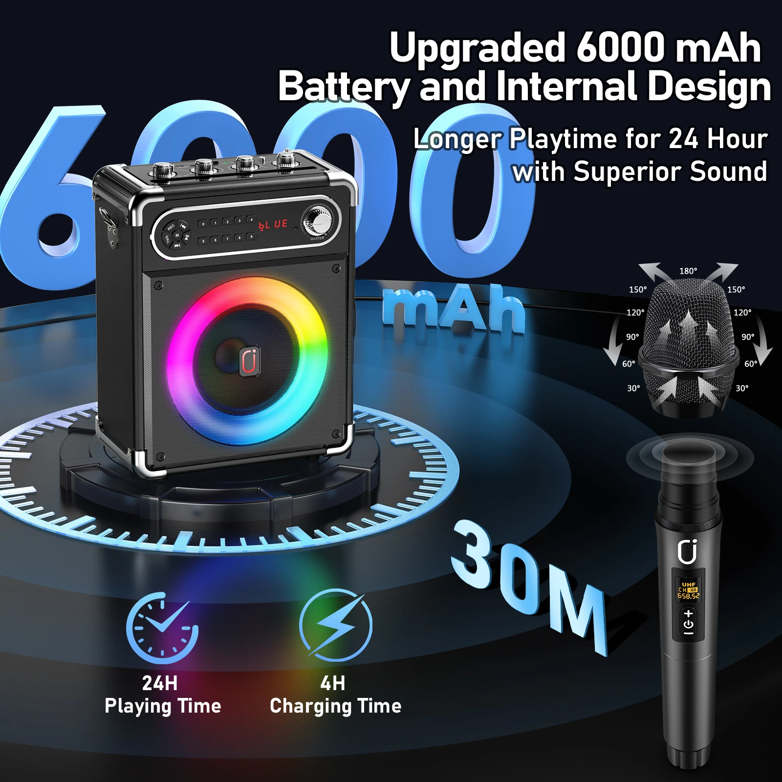 آلة كاريوكي مع 3 ميكروفونات لاسلكية، مكبر صوت للحفلات المنزلية مع أضواء ديسكو، نظام PA يدعم اتصال TWS والتلفزيون