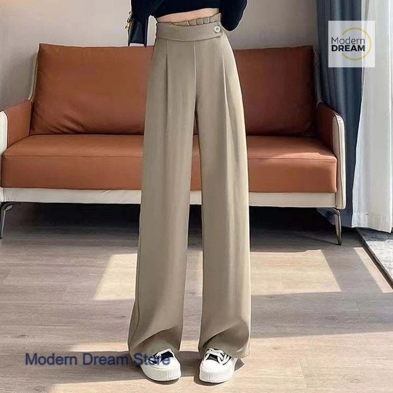 Korean style fashion high waist polyester pants women's summer new loose and slim new drape casual straight wide-leg pants.