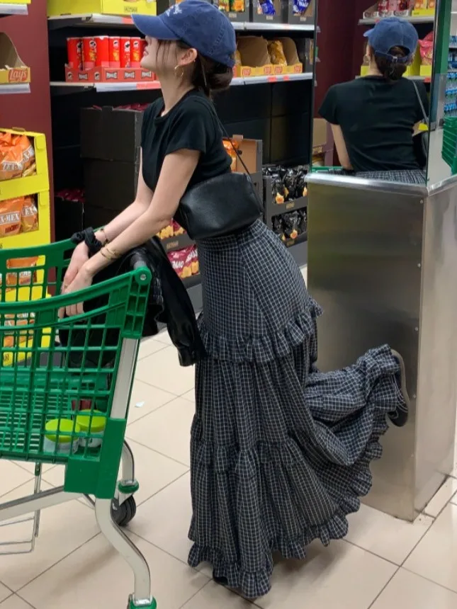 

Dongda Gate Весенняя универсальная клетчатая юбка-миди с высокой талией, женская универсальная юбка с деревянной каймой f-длины