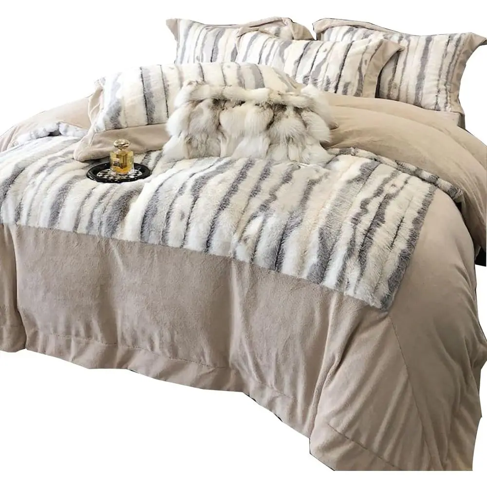 

Khaki Velvet Duvet Cover Queen Size Crystal lannel Winter Warm Bedding Set 4 Pieces Comorter Cover with Zipper Ties or Women Men