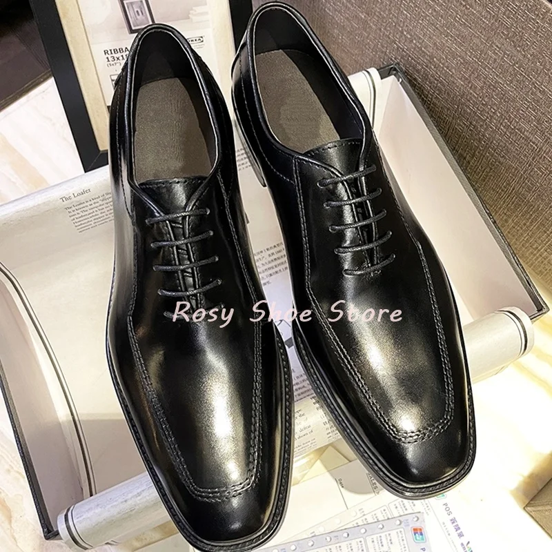 

Mature Men Old Money Style Black Leather Business Party Formal Leather Shoes Fashion Small Square Toe Flat Lace Up Leather Shoes