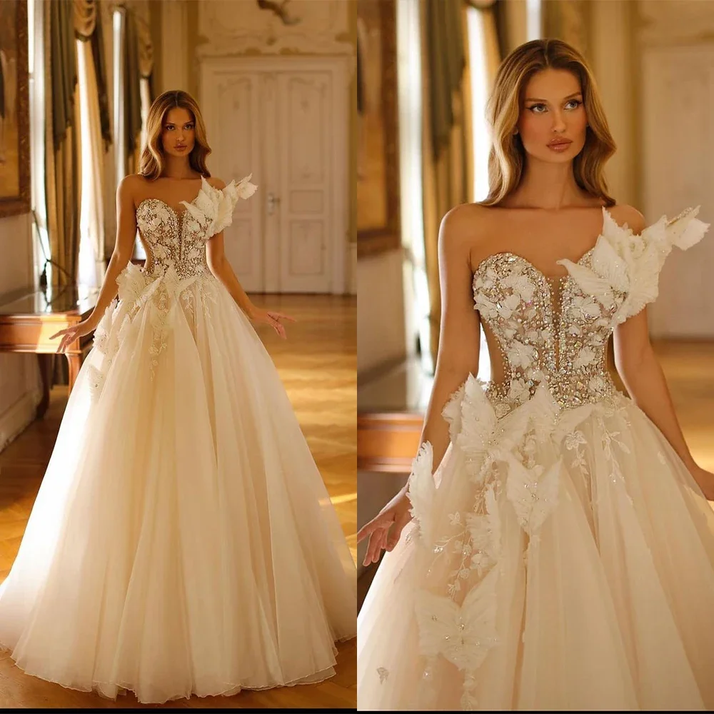 

Elegant A Line Wedding Dress Sweetheart Strapless Arabic Puffy Bridal Gowns Floor Length Butterfly Applique Robe De Soirée