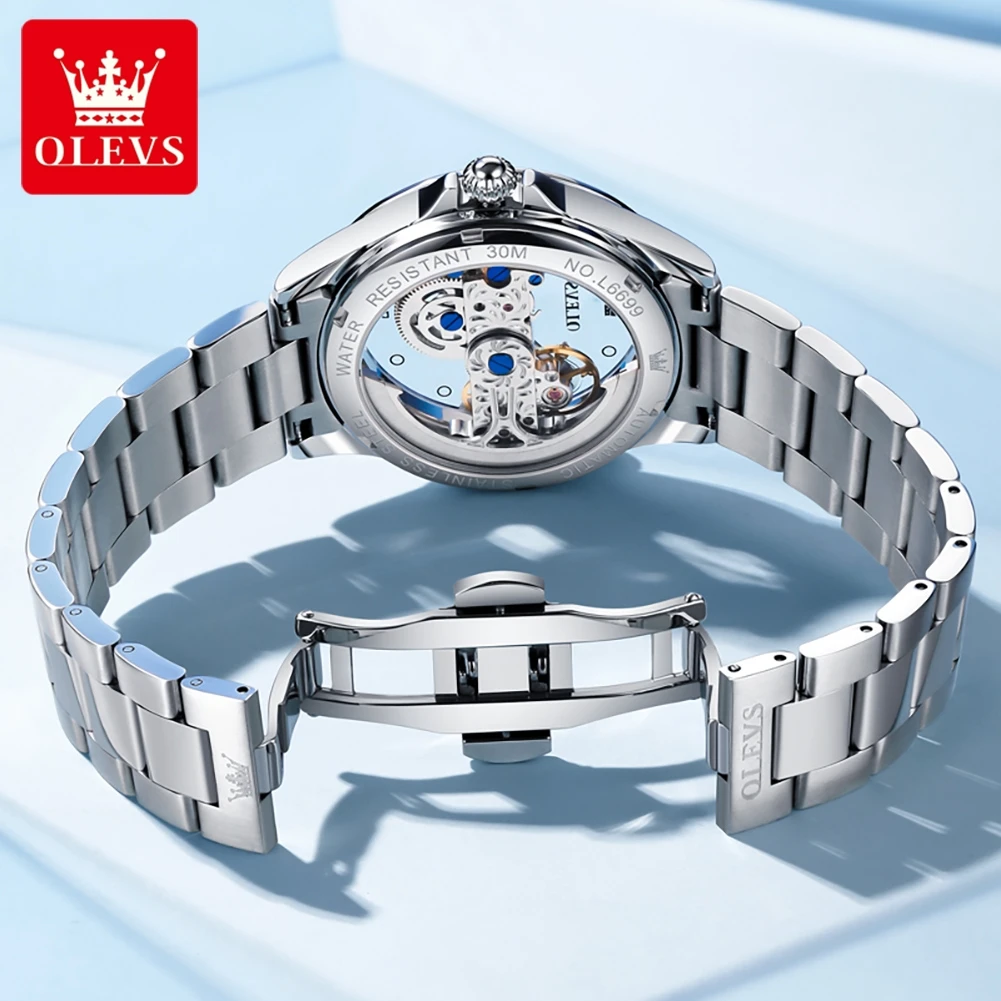 OLEVS Brand Fashion Skeleton Mechanical Watch Men Luxury Stainless Steel Waterproof Transparent Watches Mens Relogio Masculino