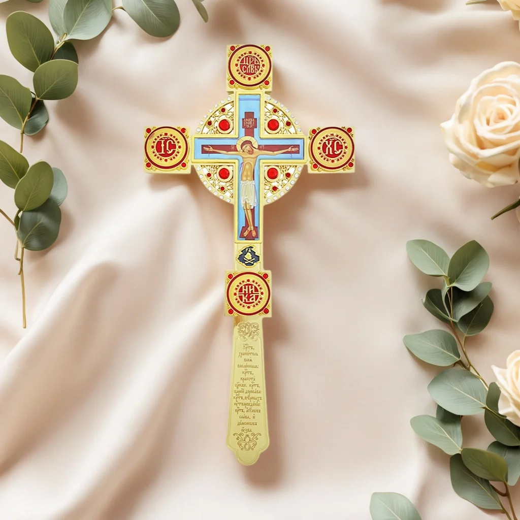 Orthodox Crucifix Gold - Plated Red Rhinestones Engraved Scripture Exquisite Religious Decor for Home Altar Church Rituals Gift
