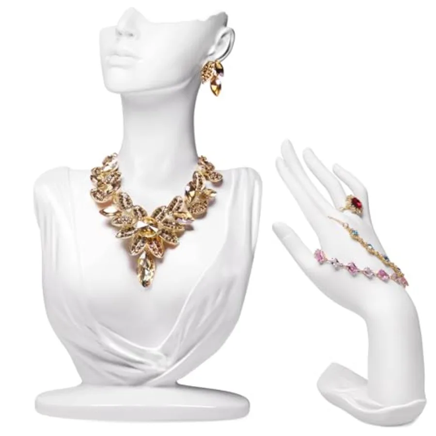 

2Pcs Jewelry Mannequin Display Set Necklace Bust Mannequin Earring Stand Bracelet Ring Hand Jewelry Holder for Selling Show