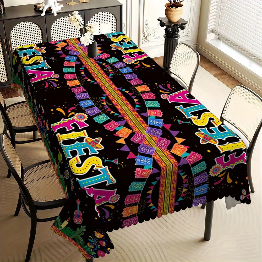 Black Base Fiesta Mexican Folk Element Table Cover Scalloped Edge Waterproof Tablecloth for Cinco De Mayo Party Table Decor