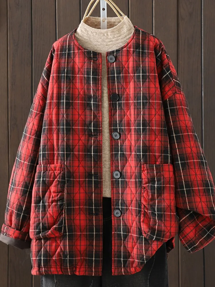 

Retro Sle Plaid Cotton Jaet Loose Fit round Ne Women's Winter Coat Warm Casual Large Size Comfortable Cotton Outerwear