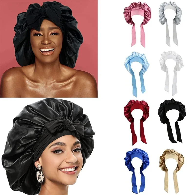 

Women'S Large Long Hair Satin Solid Lace-Up Sleeping Hats For Women Men Wide-Brimmed Elastic Wrap Protect Hair Night Caps Bonnet