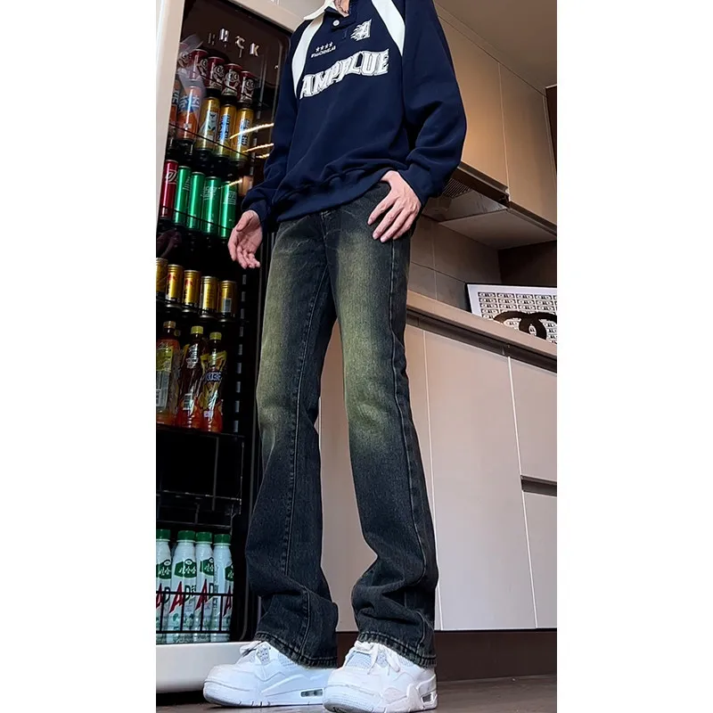 

Deep Blue adient Bell Bot Jeans Men's American Retro Sle Teenage Slim Fit Straight Leg Jeans Youthful Trendy Cotton Blend