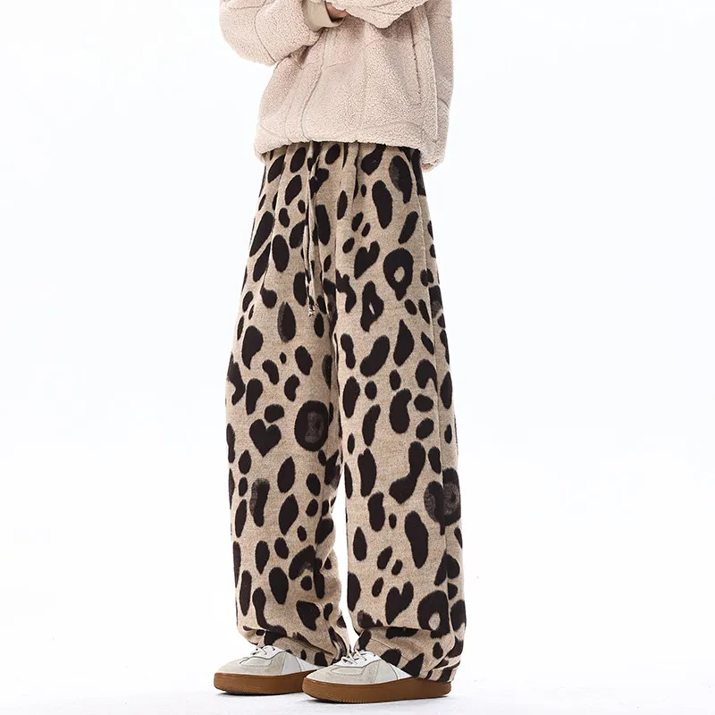 

Мужские шерстяные брюки цвета хаки/серые, модные, мягкие и удобные, с леопардовым принтом, свободные, повседневные, широкие, теплые, прямые брюки