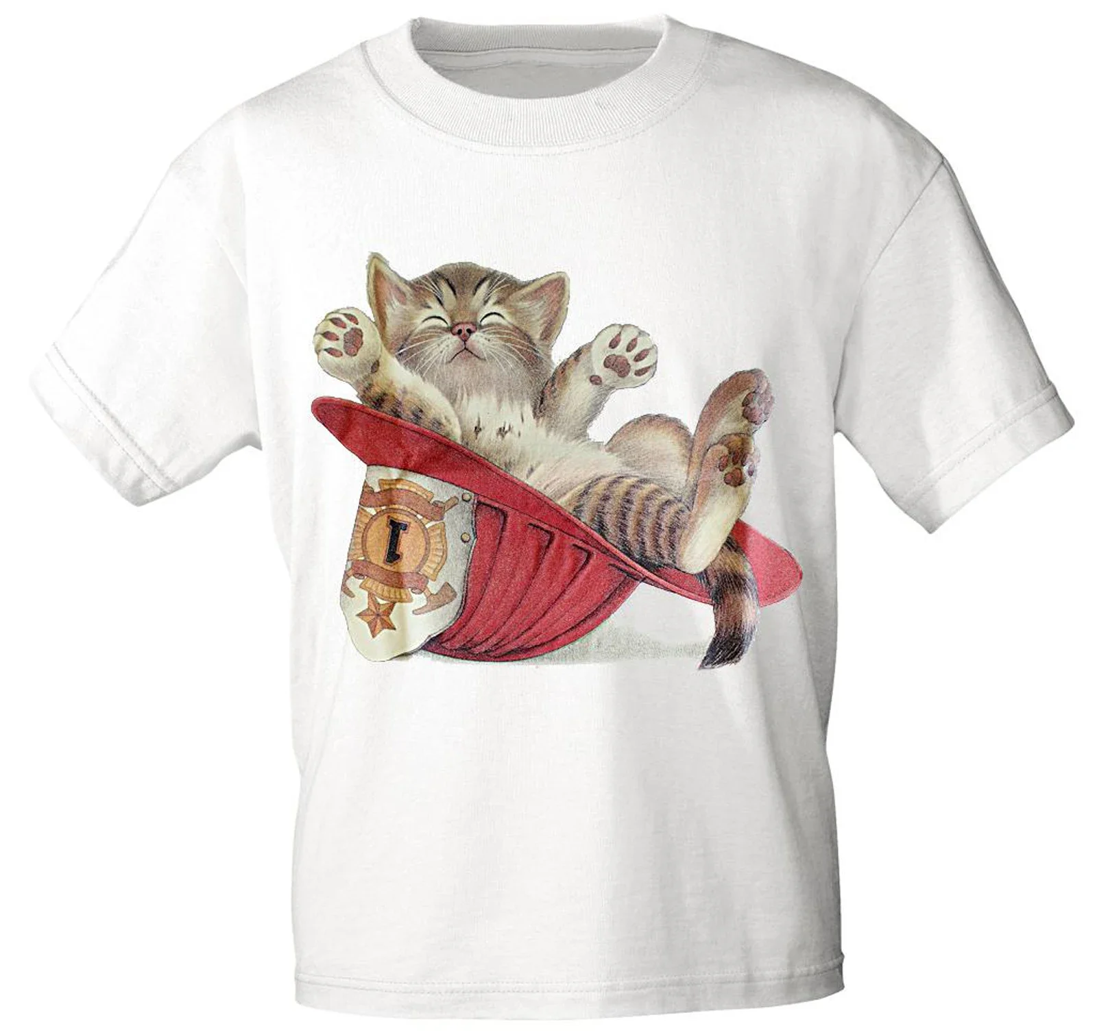 Cute Kitten Lies In Fire Hat. Funny Fireman Cat Lovers Gift T-Shirt 100% Cotton O-Neck Short Sleeve Summer Casual Mens T-shirt