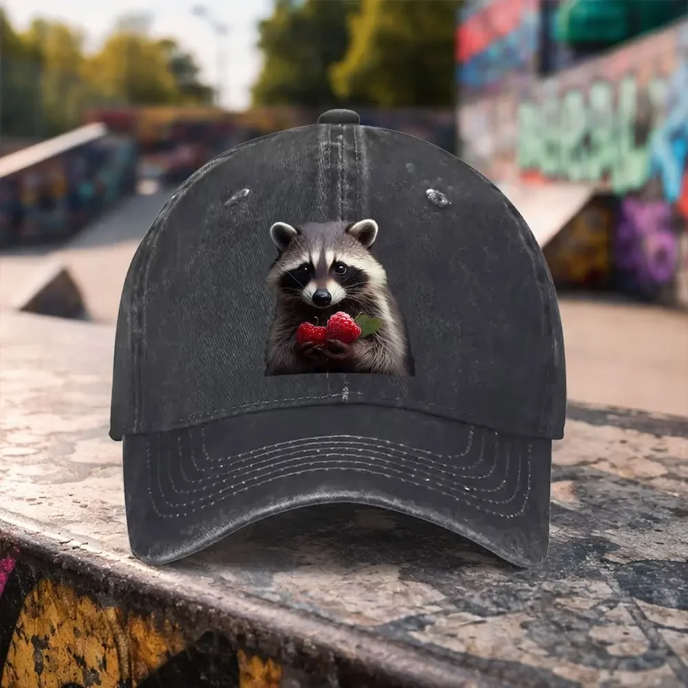 1pc Casual Fashion Raccoon Eating Raspberry Pattern Printed Washed Baseball Cap Premium Versatile Outdoor Accessory Unisex Duckb