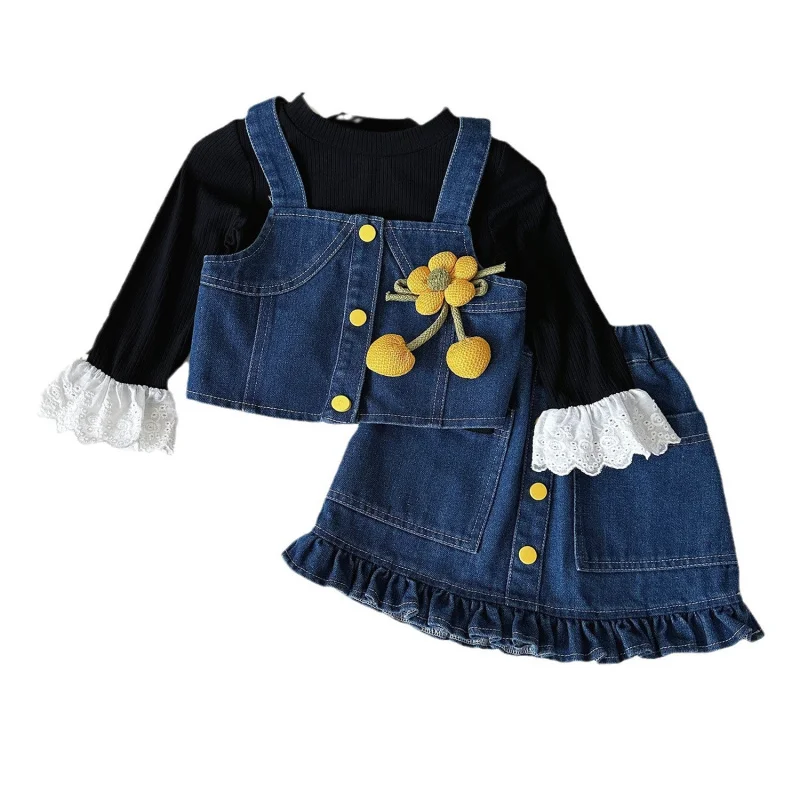 Children's Outfit Skirt New Autumn Fashionable Stylish Denim Strap Dress Set with Base Shirt Retro Set for Girls