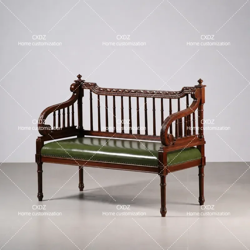 Retro Solid Wood Leisure Chair Carved Medieval Style Double Sofa for Balcony Bedroom End of Bed Shoe Changing Stool