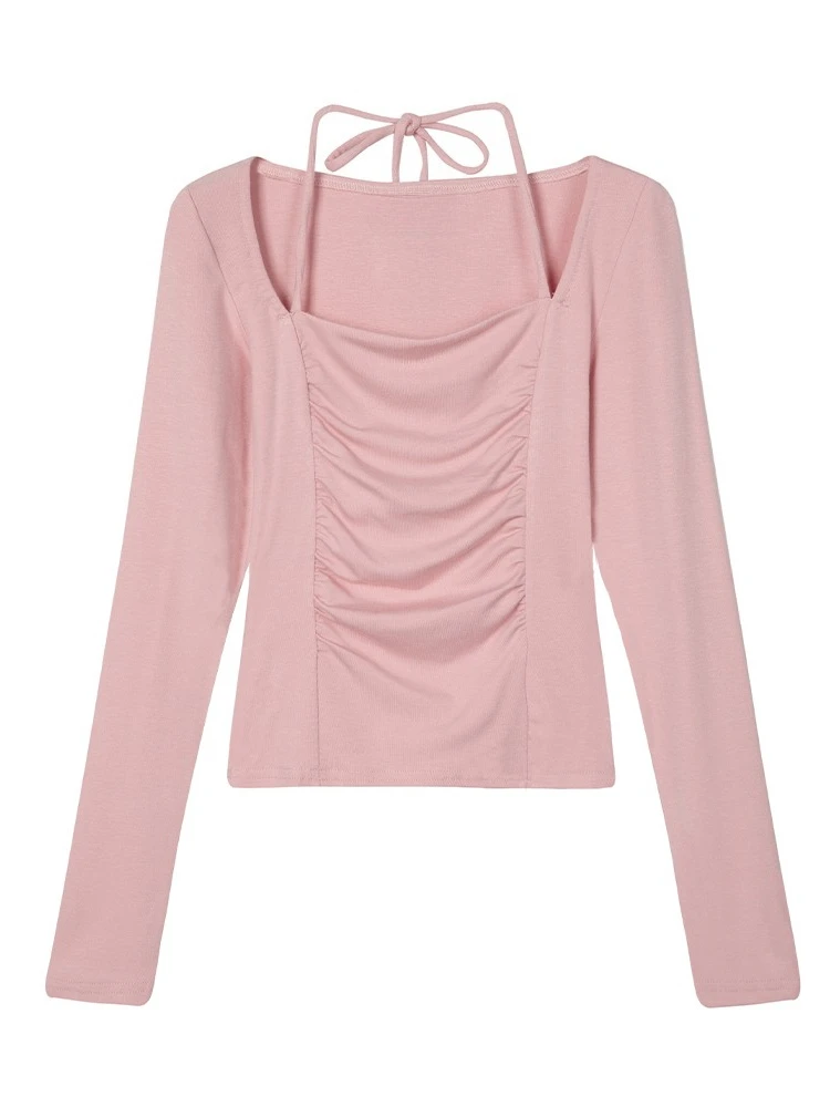 Herbst-Winter Damen T-Shirt mit Quadratischem Ausschnitt, Langarm-Oberteil, Neckholder, Schmal Geschnittenes Geripptes Strick-Tee, Elegantes Y2K Crop-Top, Bluse zum Überziehen – Detail 1