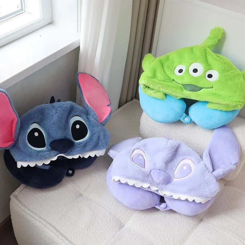 Comfortable Stitch Alien Neck Pillow Kawaii Anime Office Nap Pillow Cartoon Portable Hooded U-shaped Pillow Gifts Adult