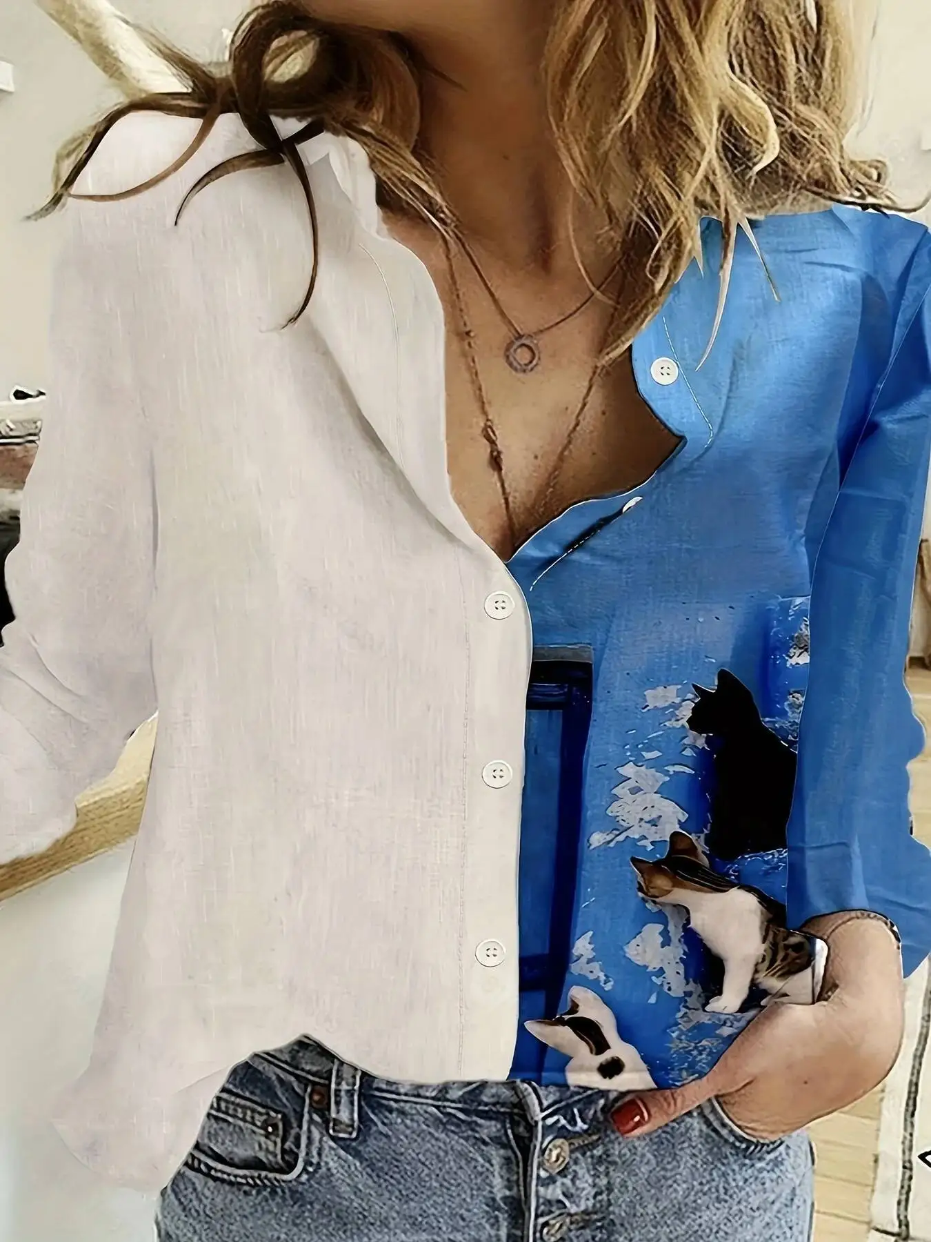 

Women's Fashion Clashing Color Patchwork Top Temperament Sense Long Sleeve Cat 2023 Autumn Brand Design Shirt