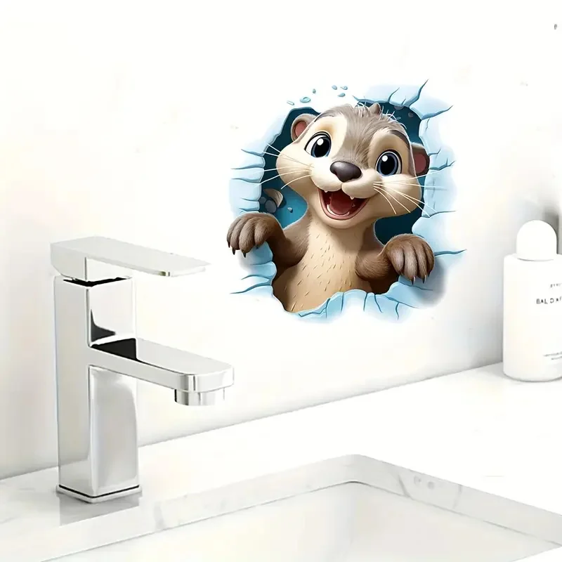 Animated Otter 3D Self-Adhesive Toilet Stickers,Wall Decal Removable, Reusable Vinyl Car Sticker for Toilet Lid, Bathroom Decor