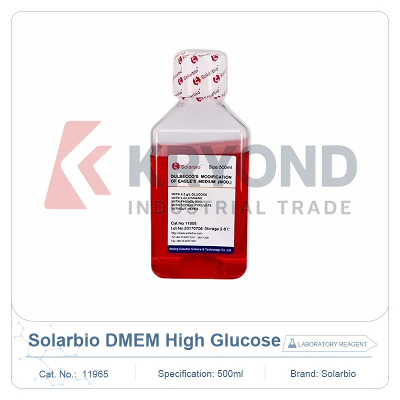 Solarbio 11965 DMEM High Glucose Medium L Glutamine Phenol Red No Sodium Pyruvate HEPES Cell Culture Research 500ml Liquid Grade