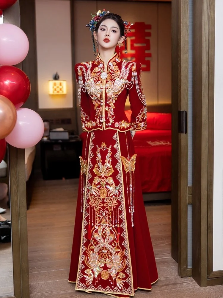 

The new Chinese-style wedding dress bride's velvet heavy industry for ceremony