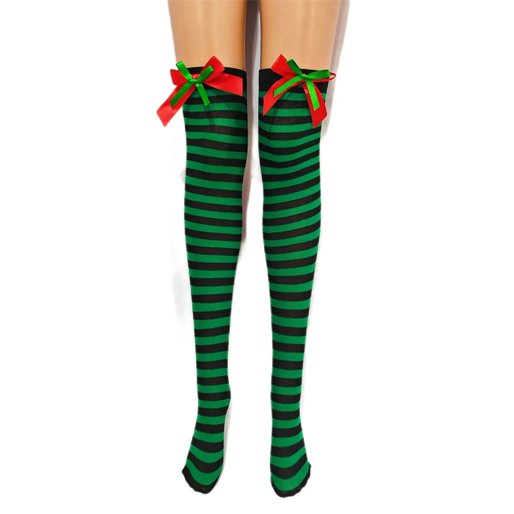 Chaussettes de Noël à rayures colorées avec nœud papillon sur le genou, bas de festival, olympiques de performance de fête de Noël, accessoires pour femmes, cadeau pour fille