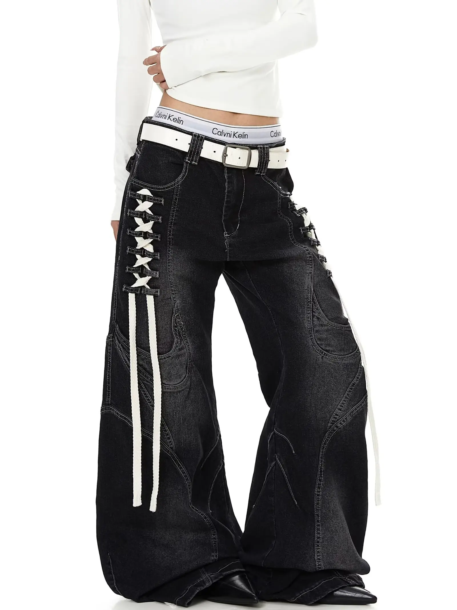 Women's Low Rise Flare Jeans Bow Lace Up Japanese Designer Denim Pants Y2k American Retro Bell Bottom Jeans Harajuku New
