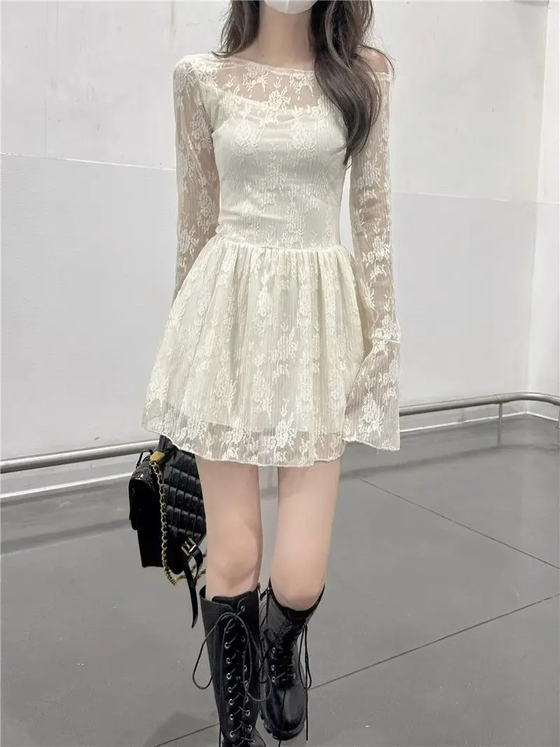 Sweet Mini Dress Women Fall Fashion Long Sleeve Lace Dress Apricot One Shoulder Sheer Party Dress for Small Girl