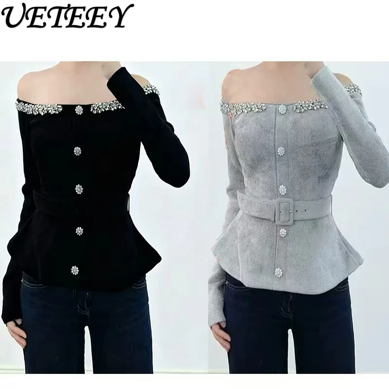 

Autumn New French Style Socialite Diamond Embellished Off-Shoulder Pullover Elegant Slim Fit Waist-Cinching Long Sleeve Top