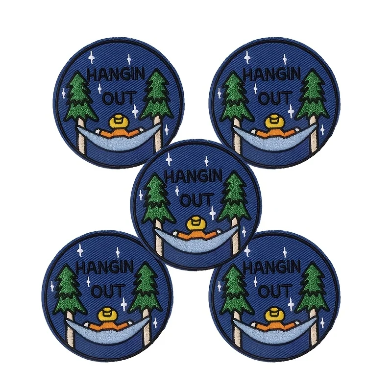 5pcs Round Camping Embroidered Patches, Iron-On for Clothing, Hats, Shoes, Bags - Handmade Decorative Additions for Outdoor Sports