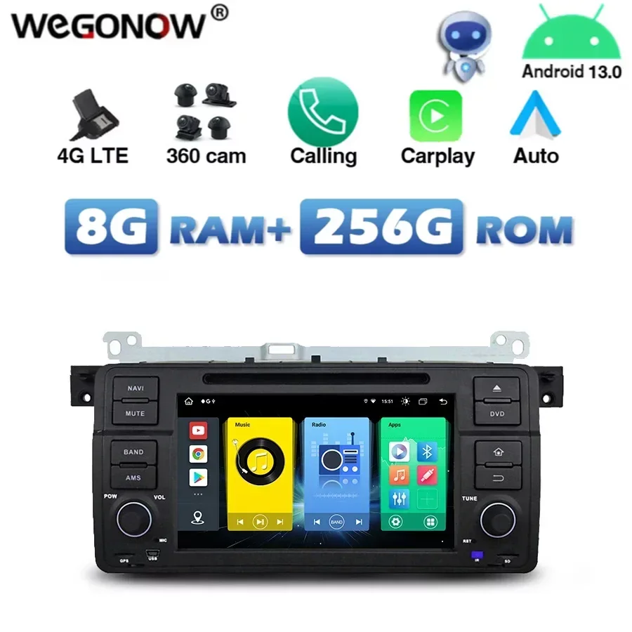 

4G SIM DSP IPS Carplay Auto Android 13.0 8G+256G 8-ядерный автомобильный DVD-плеер Wi-Fi Bluetooth RDS RADIO GPS-карта для BMW E46 M3 1998-2004