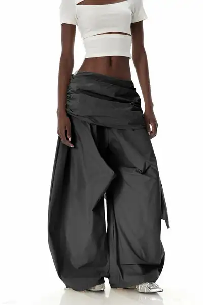 Women's retro contrasting color fart curtain workwear, paratrooper pants, pleated design, loose wide leg pants