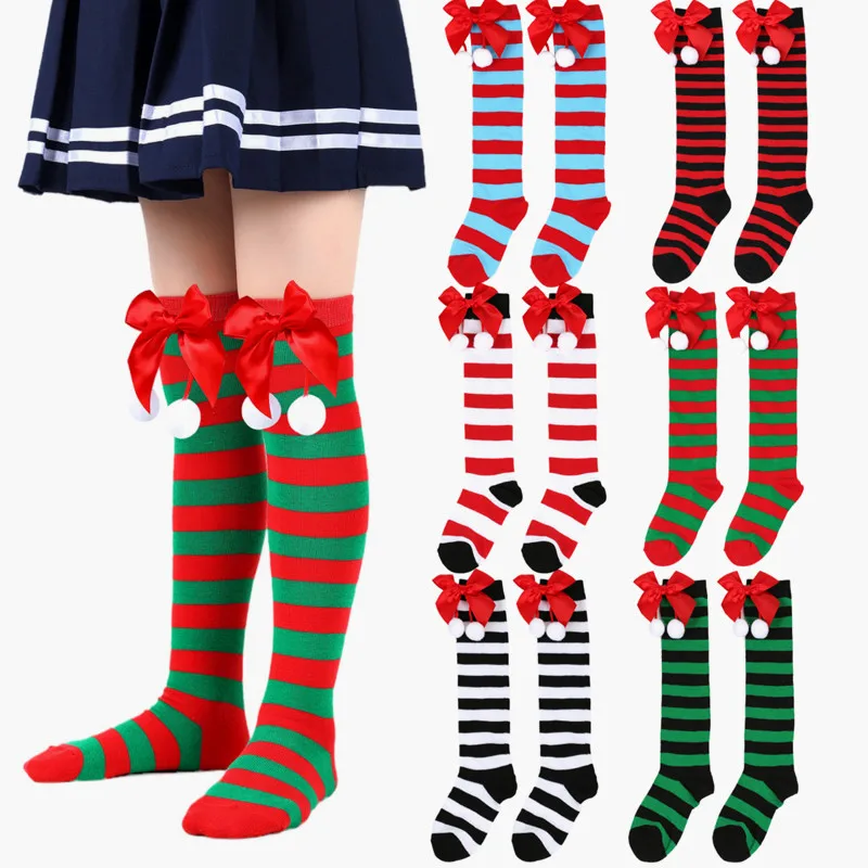 7-12Y Christmas Girls Thigh High Stockings Kids Stripe Over the Knee Long Socks with Bowknot Kawaii Children Tights