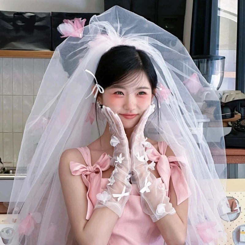 Bride Veil Studded Bowknot Beaded Head Covering Wedding Hair Covering White Wedding Veil Headscarf Short Veil DropShip image 5