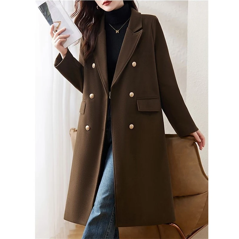 Autumn Winter Wool Coat Blazer Women 100% Wool Double-Breasted Jacket 2025 New Long Coat Ladies Trench Coat