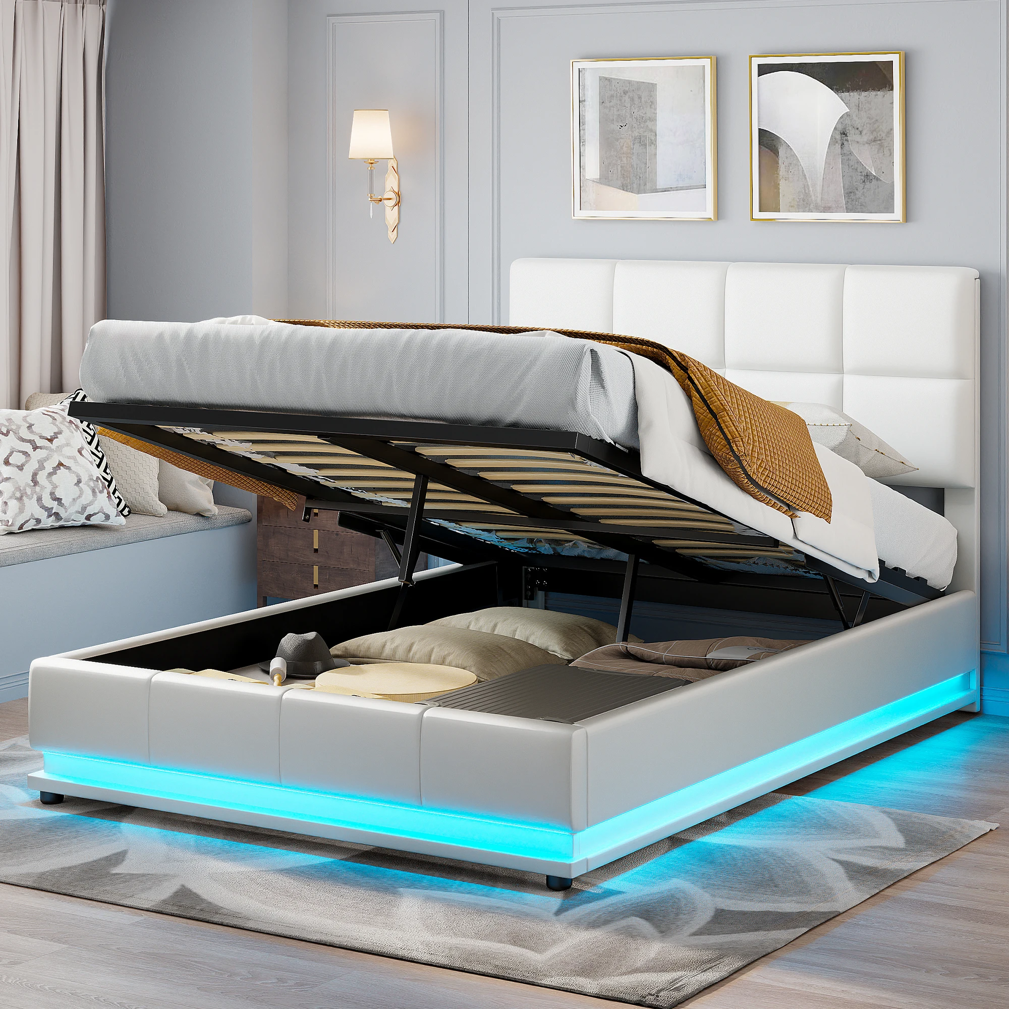 Upholstered Bed 140 x 200cm, Storage Bed with LED Lighting, Hydraulically Liftable Bed Storage Space, Double Bed, Box Spring Bed