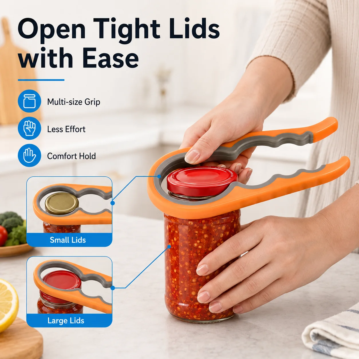 1PC Multi Function Jar Opener Bottle Cap Opener Adjustable Lid Twister Kitchen Tool For Seniors Weak Hands Easy Grip Home Use