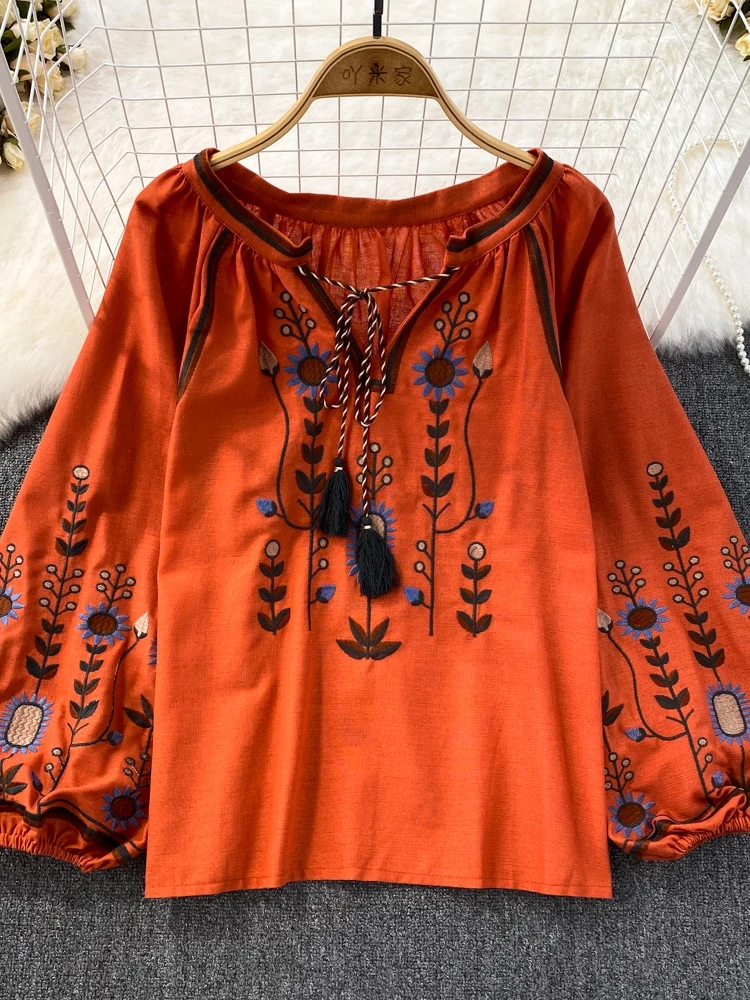 Loose Cotton Linen Embroidered round Ne Pullover irt Women's Casual Top Ethnic Sle Spring Autumn Retro Artistic Faion