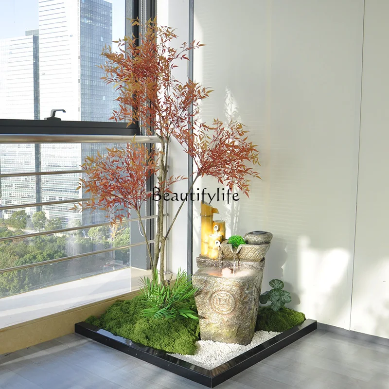 

**Balcony corner landscaping simulation green plant circulating water flow ornament