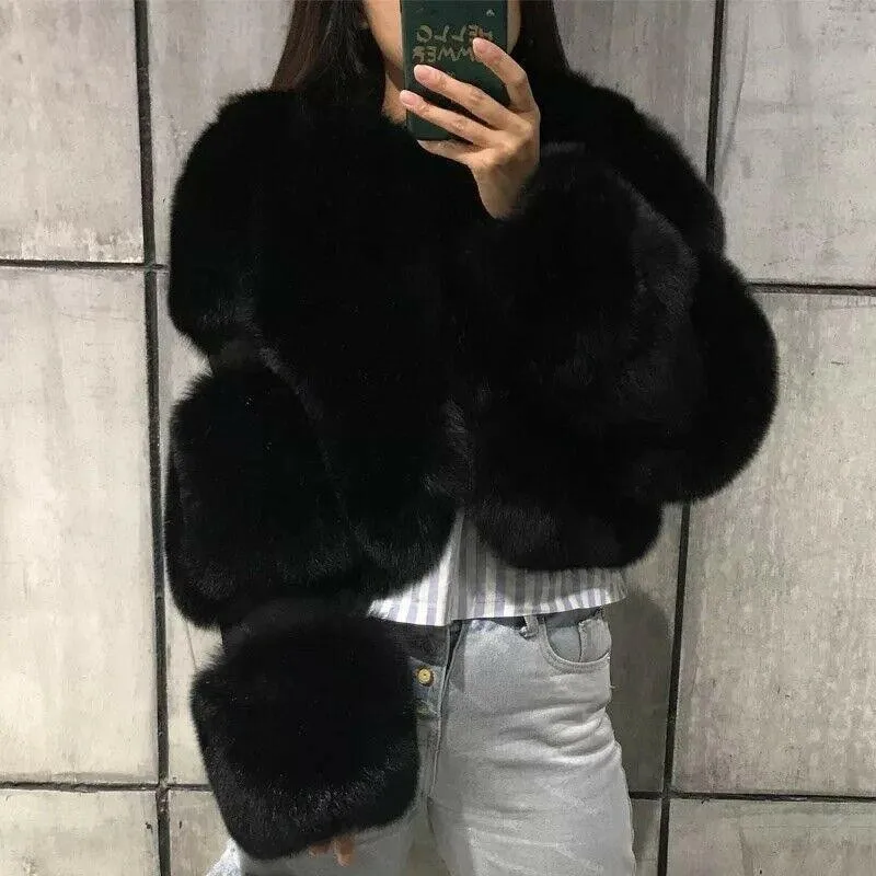 

Women Work Faux Fur Coats Turn Down Collar Full Sleeve Short Coat Thick Warm Y2k Streetwear Elegant Open Stitch Autumn Winter