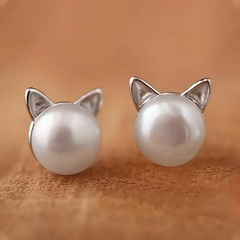 Huitan น่ารักเลียนแบบ Pearl Cat EAR STUD ต่างหู 925 เงินสเตอร์ลิงคุณภาพสูงน่ารักอุปกรณ์เสริมที่ละเอียดอ่อนเครื่องประดับ Hot